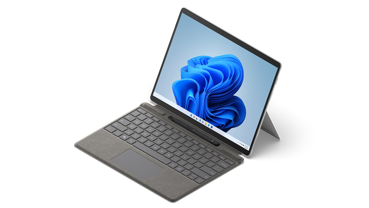 Pro Signature キーボードとスリム ペン 2 とともに写った Surface Pro X。