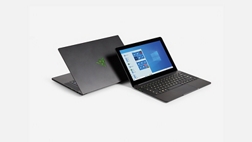 Two laptops back to back, one with Windows 10 on the screen.