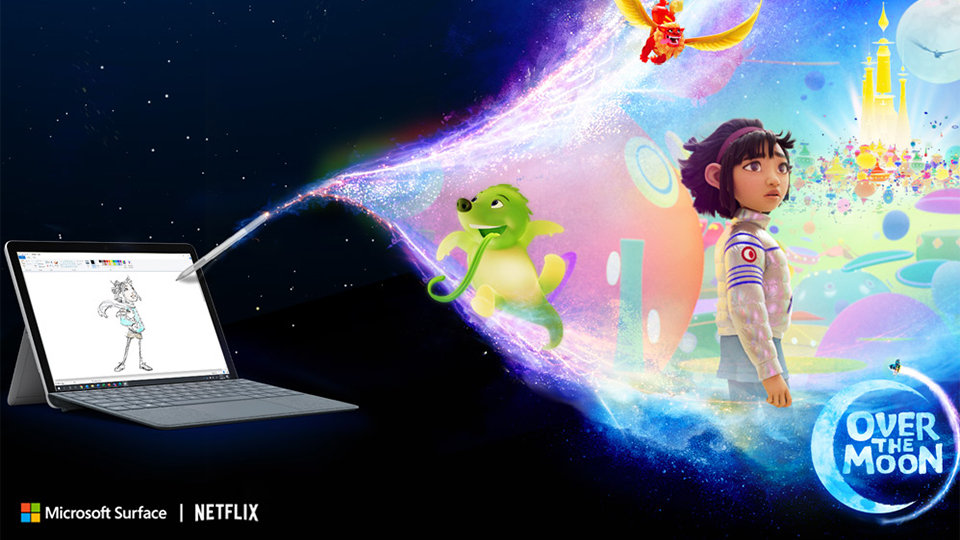 Surface Go 2 with animated characters.