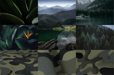 Temapaket med skrivbordsbilder till Microsoft Bluetooth Mouse i grön Forest Camo Special Edition. 