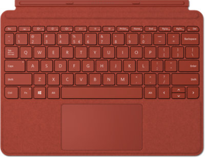 Klawiatura Surface Go Type Cover w kolorze czerwony mak pokryta alcantarą.