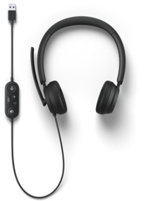 Vista delle cuffie Microsoft Modern USB-A che mostrano il controllo delle chiamate in linea e il cavo.