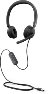 Vista completa delle cuffie Microsoft Modern USB-A, inclusi il controllo delle chiamate in linea e il cavo arrotolato.