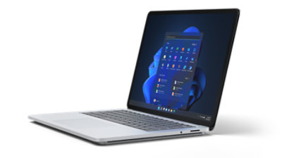 Render of Laptop Studio with Windows 11 dark mode start screen in laptop mode