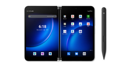  Surface Duo 2 pour l’entreprise – Glacier – Ouvert à plat, avec un stylet