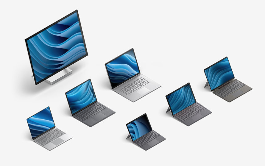 The full product line of Surface laptop devices in various sizes exclusively in platinum.