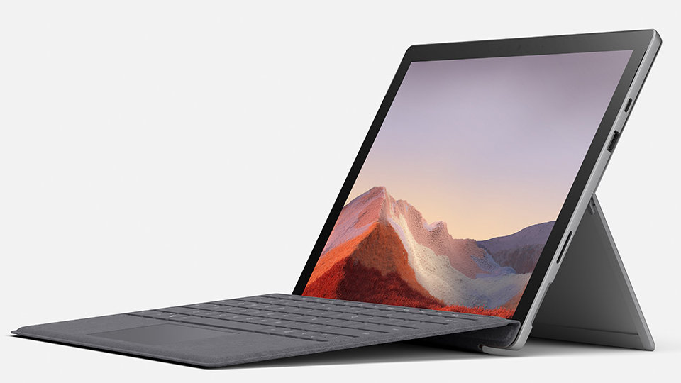 Surface Pro 7 with Type Cover attached and an open Kickstand.