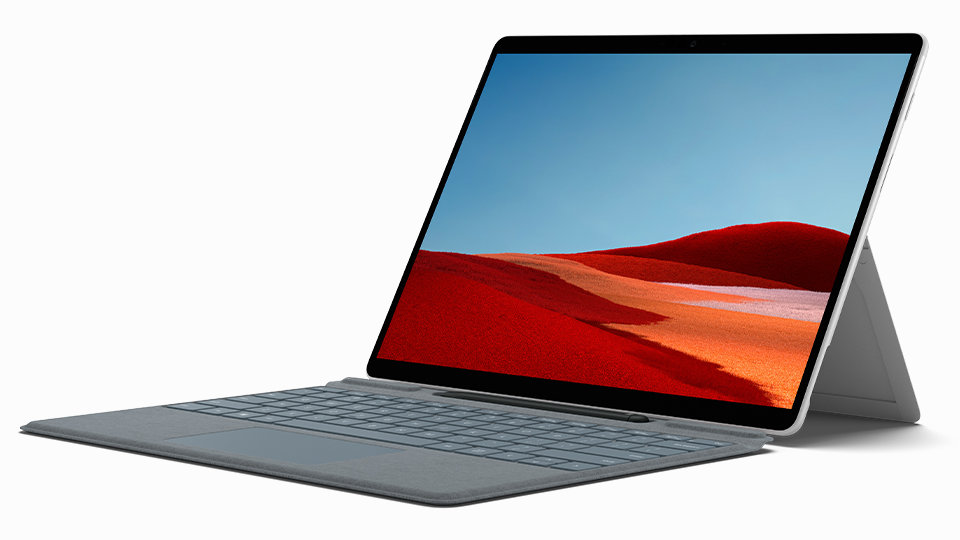 Surface Pro X with a Signature Keyboard attached and an open Kickstand.
