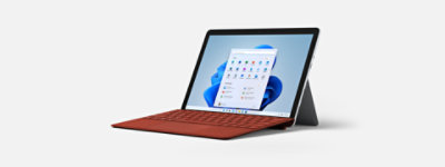 A rotating Surface Go 3 in laptop position from front, side, and back views.