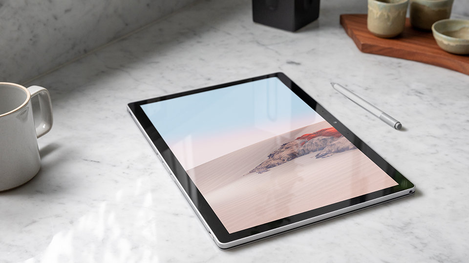 Surface Go 2 for Business in tablet mode on a countertop.