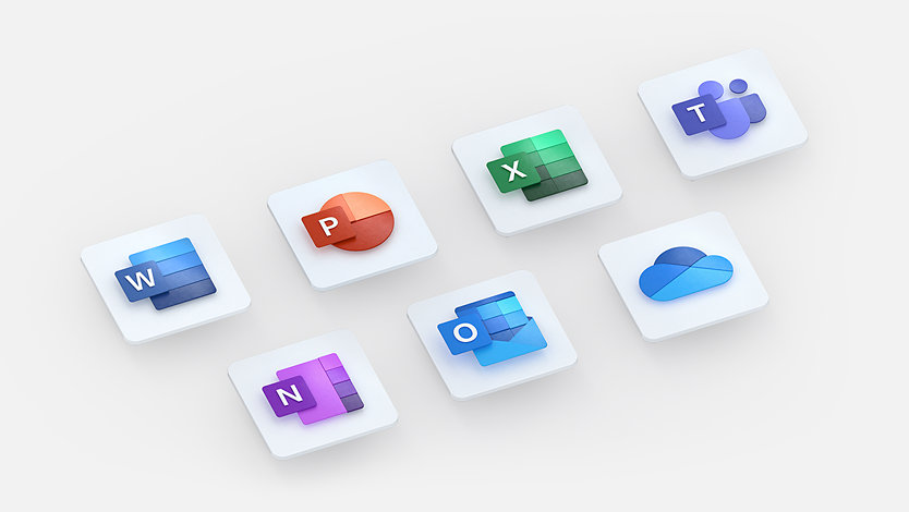 Microsoft 365-app-pictogrammen voor Word, PowerPoint, Excel, Teams, OneNote, Outlook en OneDrive.
