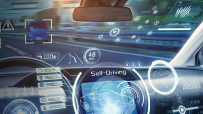 The inside of a car with AR projections showing different features in the car.