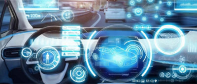 The dashboard of a car with a futuristic interface.