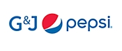 Logo of g&j pepsi showing the company name with the iconic red, white, and blue pepsi globe next to the text.