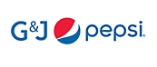 Logo of g&j pepsi showing the company name with the iconic red, white, and blue pepsi globe next to the text.