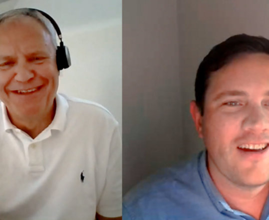 A screenshot of a video call between Alex Bradley and Peter Anderson, Head of Global IT at LEO Pharma.