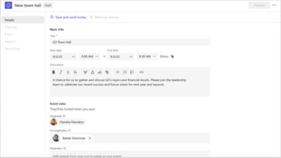 Interfejs tworzenia wydarzenia: Spotkanie „New Town Hall” poświęcone sukcesowi i wynikom finansowym.