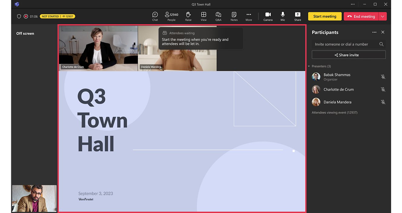 Virtual meeting interface with 'q3 town hall' slide and participant video feeds