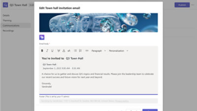 Edytor zaproszeń e-mail w interfejsie spotkania „Q3 Town Hall” z banerem z motywem baniek