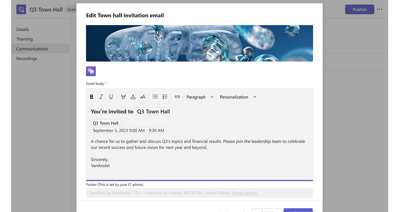 Email invitation editor 'Q3 Town Hall' meeting interface with bubble-themed banner