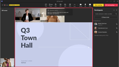 Ekran spotkania wirtualnego ze slajdem prezentacji „q3 town hall” i trzema uczestnikami przygotowującymi się do konferencji wideo.