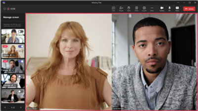 Konferencja wideo z dwoma głównymi uczestnikami otoczonymi mniejszymi kanałami wideo innych uczestników poniżej