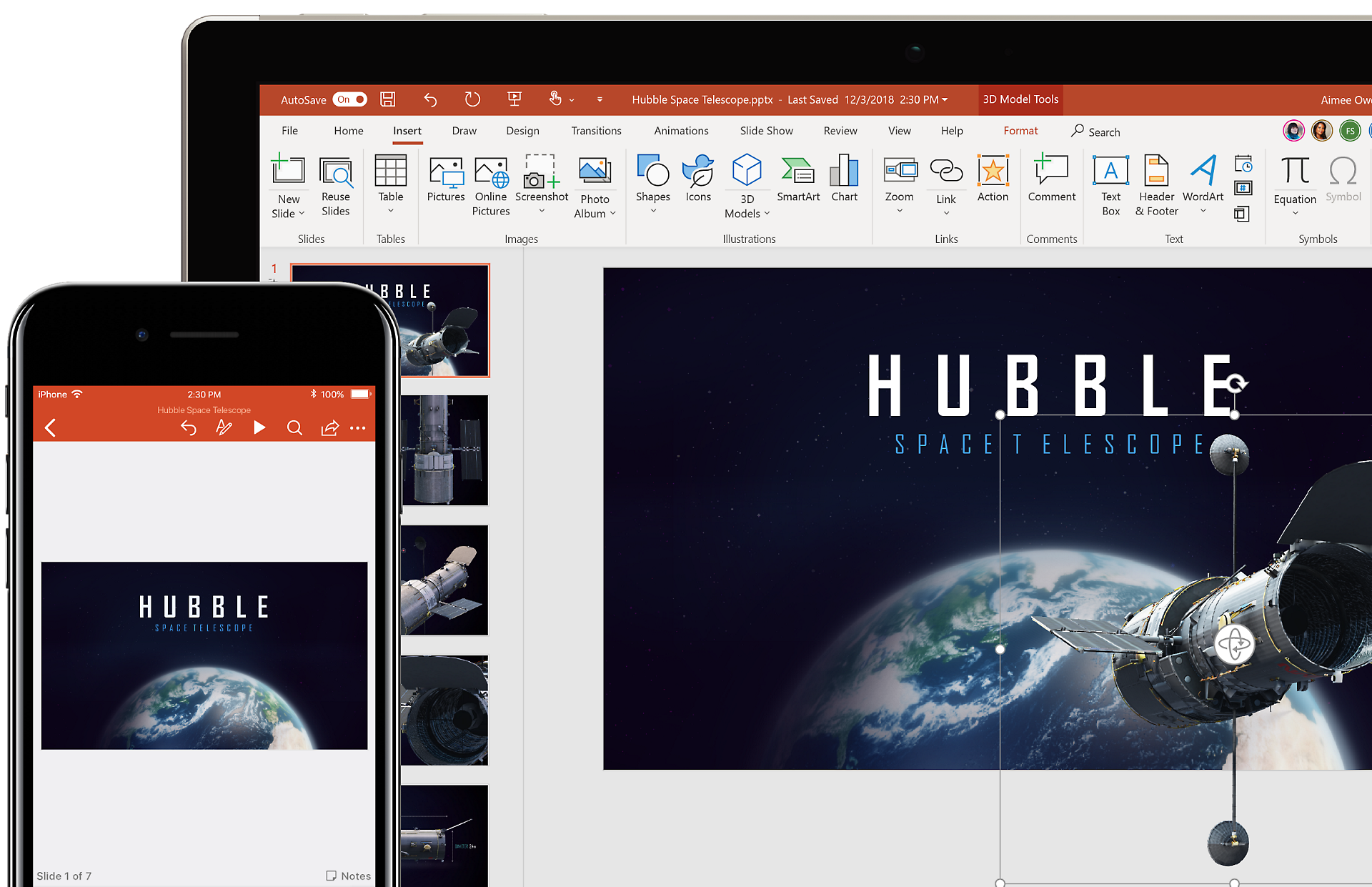 A phone screen and a tablet screen showing a file open in PowerPoint