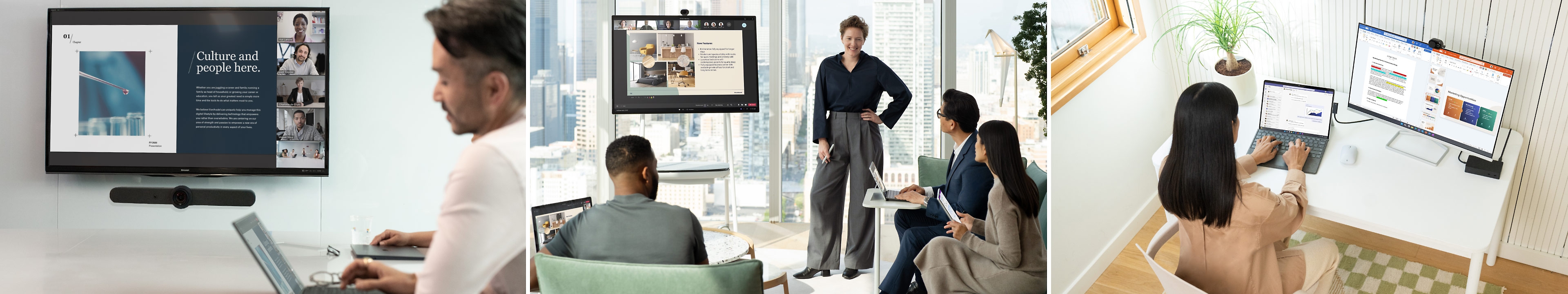 Tiga foto orang yang menggunakan presentasi PowerPoint dalam rapat Teams dan bekerja menggunakan presentasi di meja mereka.