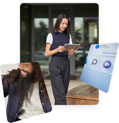 Personne riant. Personne marchant à l’extérieur, tenant une tablette et souriant. Barre des tâches dans Windows 11 montrant l’icône Conversation.
