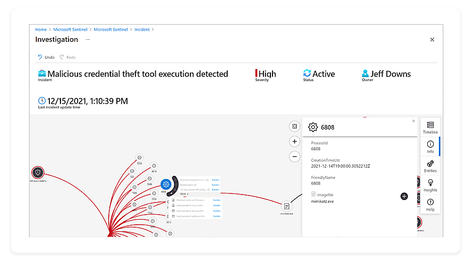 Microsoft Sentinel での調査。矢印で結ばれたさまざまな色の円が含まれています。