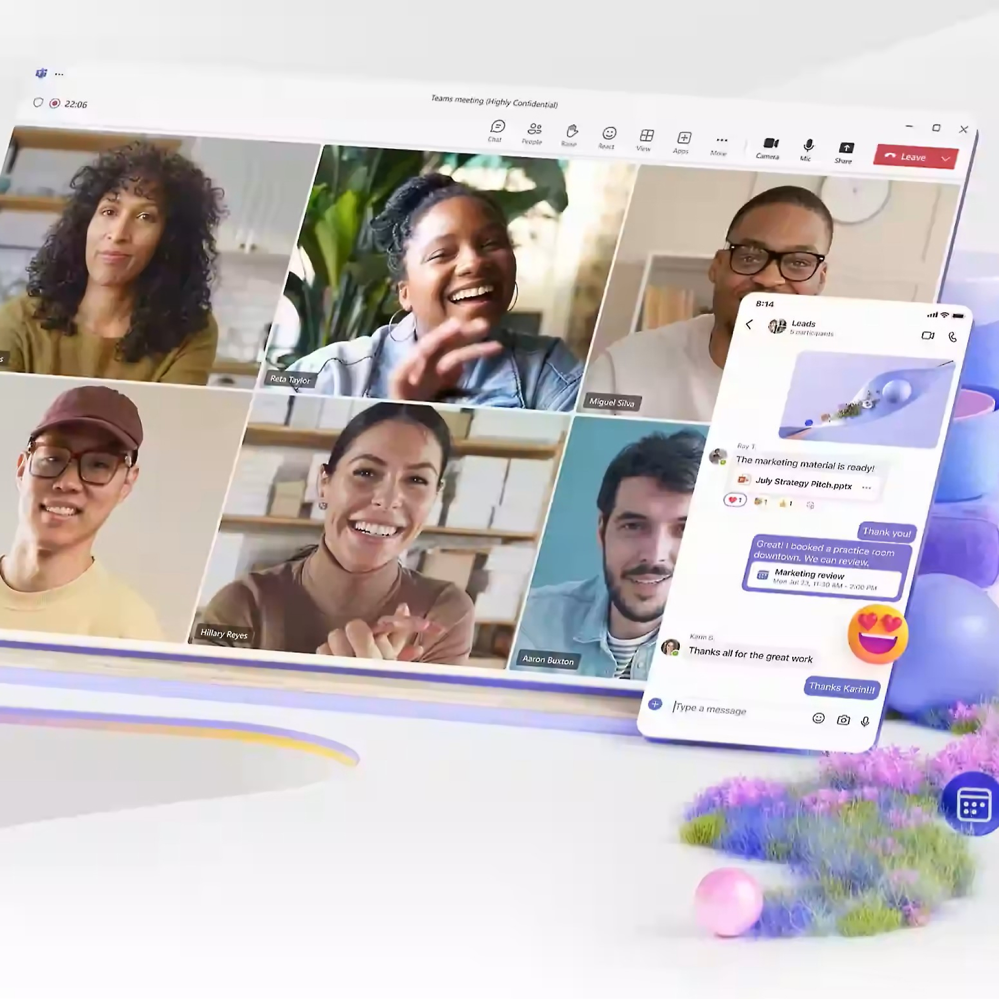 A digital interface depicting a video call with five diverse individuals actively participating