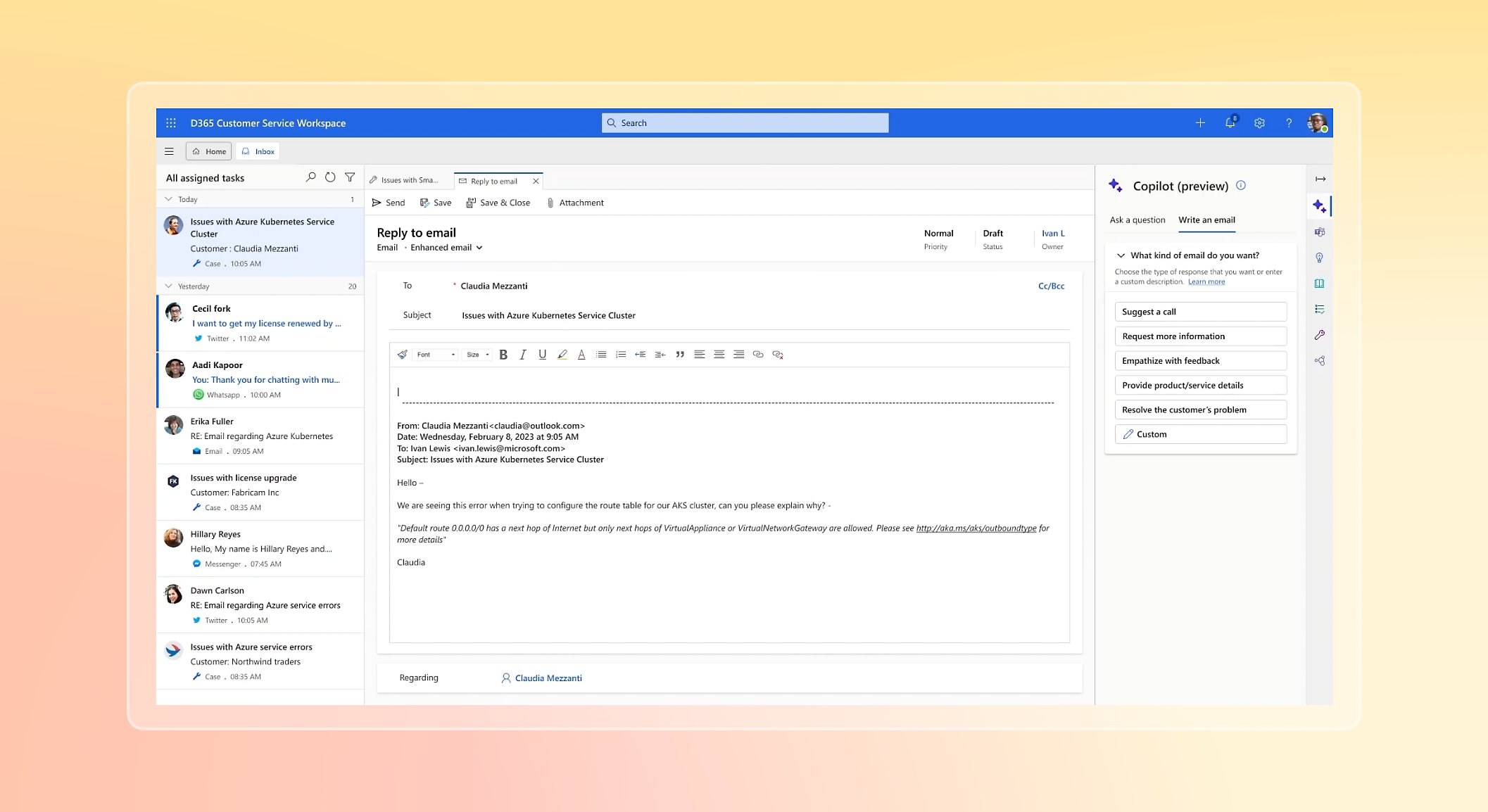Window for dynamics 365 showing an email with copilot preview to the right side