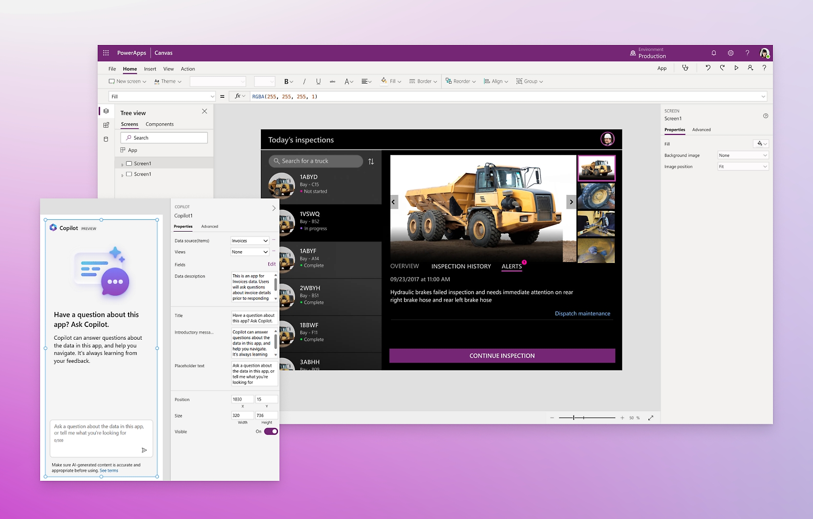 A template with a truck being designed in Microsoft Power Apps and copilot dialog is open