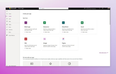 Microsoft Power Apps landing page with heading as create your app