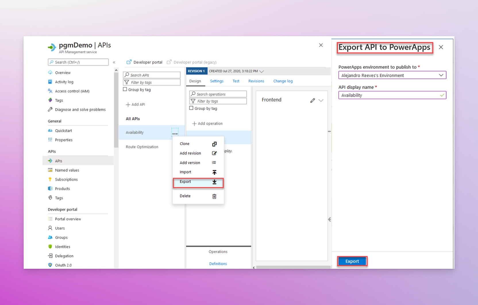 A window showing Export API to PowerApps
