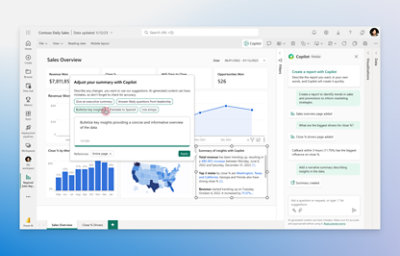 A window showing dashboard for sales overview using various graphs and statistics and copilot