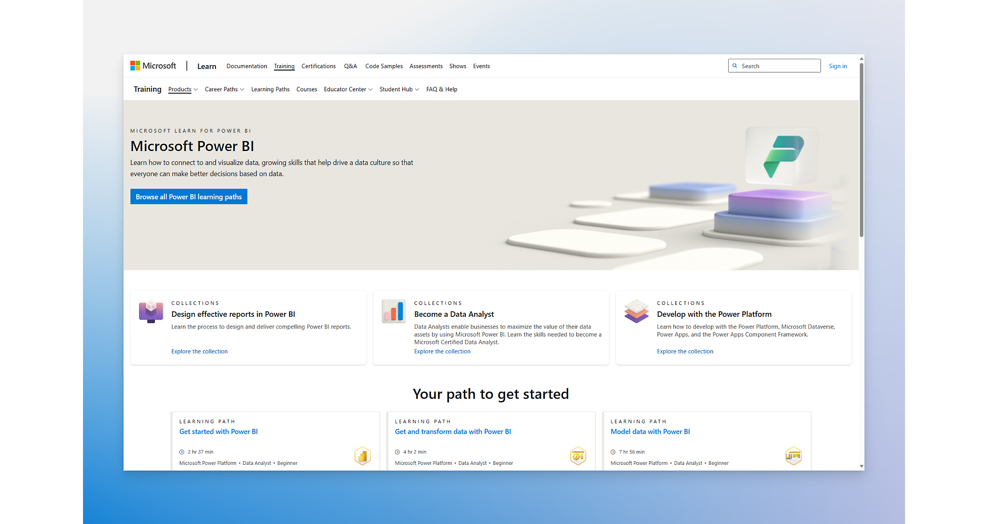Landing page for Microsoft Training