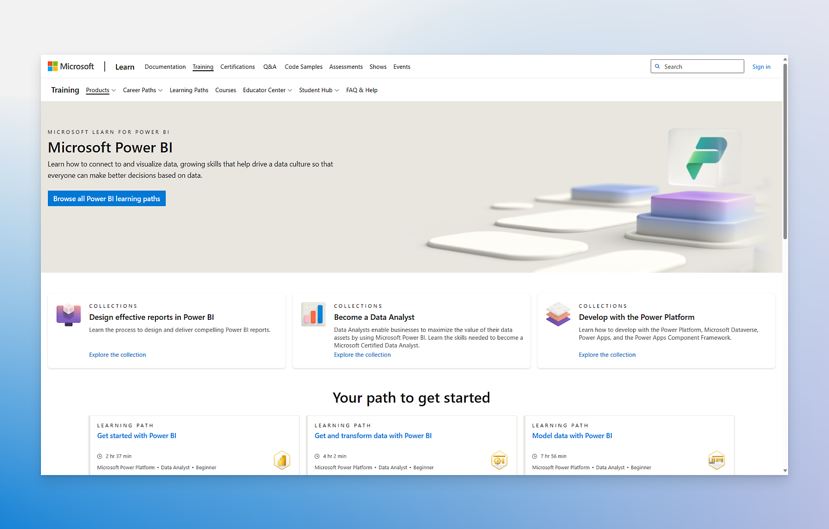 Page de destination de Formation Microsoft