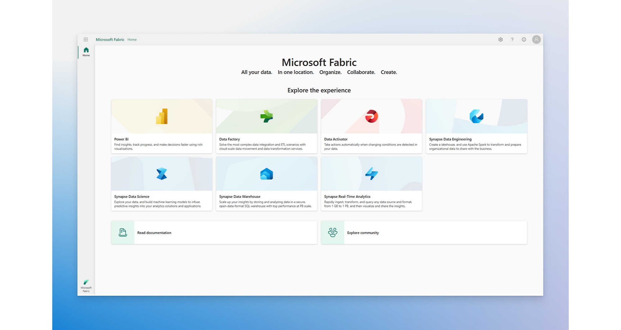 Página de destino do Microsoft Fabric a mostrar várias opções