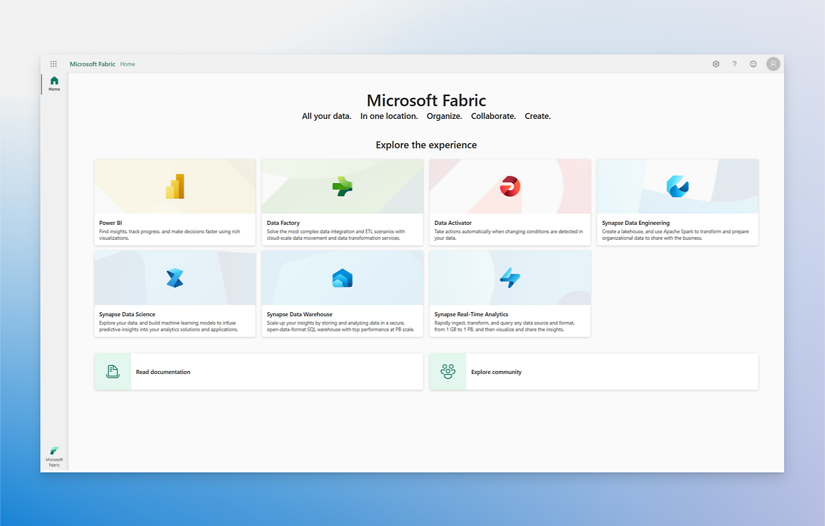 Microsoft Fabric giriş sayfası