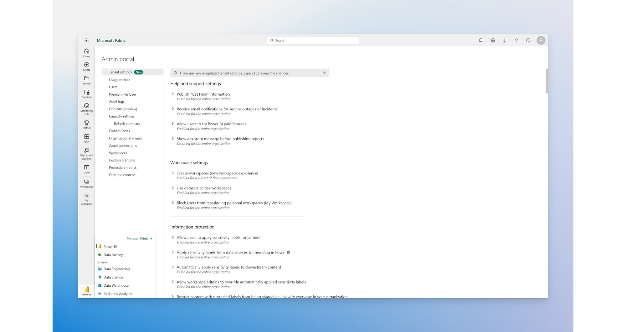 Microsoft Fabric Admin portal with various settings