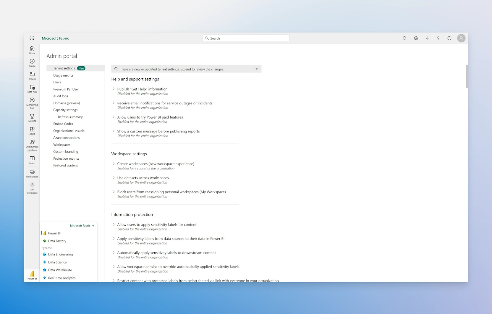 Portal de administración de Microsoft Fabric con varias opciones de configuración