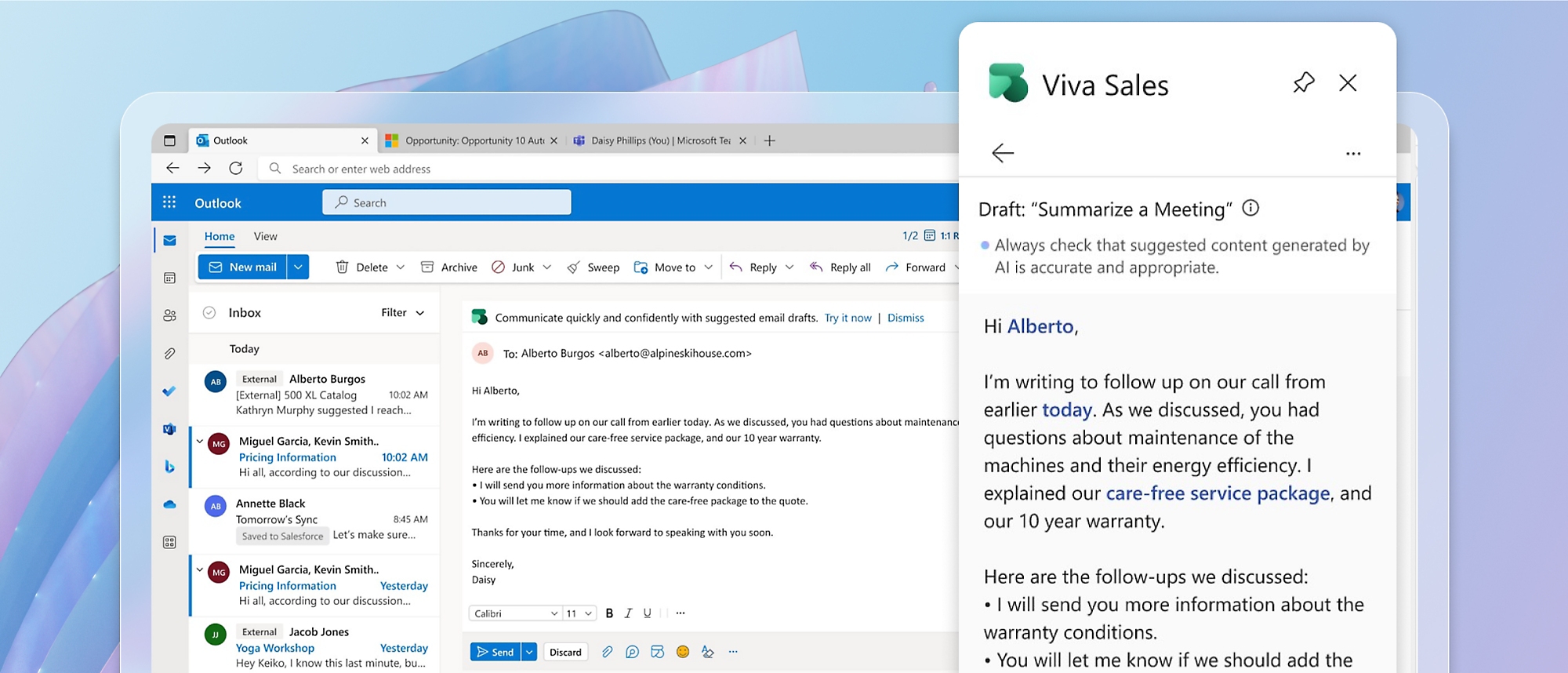 O Microsoft Outlook está aberto e é aberta uma janela para o Viva Sales
