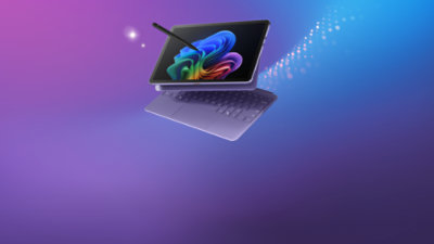 A violet 12-inch Surface Pro, bundled with a matching keyboard and slim pen.