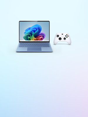 A 13.8-inch sapphire Surface Laptop and a white Xbox wireless controller. 