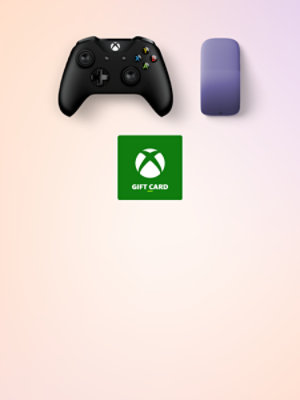 A black Xbox Wireless Controller, a violet Surface Arc Mouse, and an Xbox Gift Card