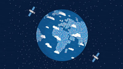 En illustration af to satellitter, der kredser om Jorden