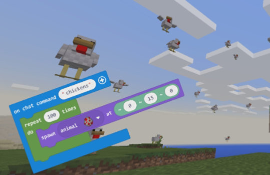 Minecraft-spillet med MakeCode-redigeringsprogrammet på skjermen.