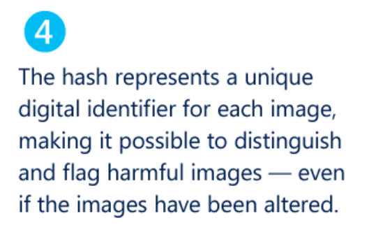 The hash represents a unique digital identifier for each image, making it possible to distinguish and flag harmful images - even if the images have been altered.
