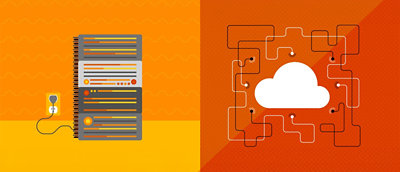 A computer server and a cloud icon on a red background.